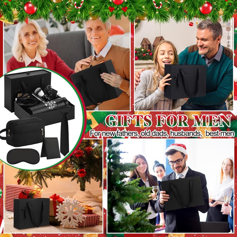 Tioncy 12 Pcs Christmas Men Gift Set Birthday Gifts Baskets with Box Tumbler Bottle Opener Keychain PU Leather Wallet Tie Belt Bag Bracelet Eye Mask Xmas Party Present Box for Dad(Delicate Pattern)