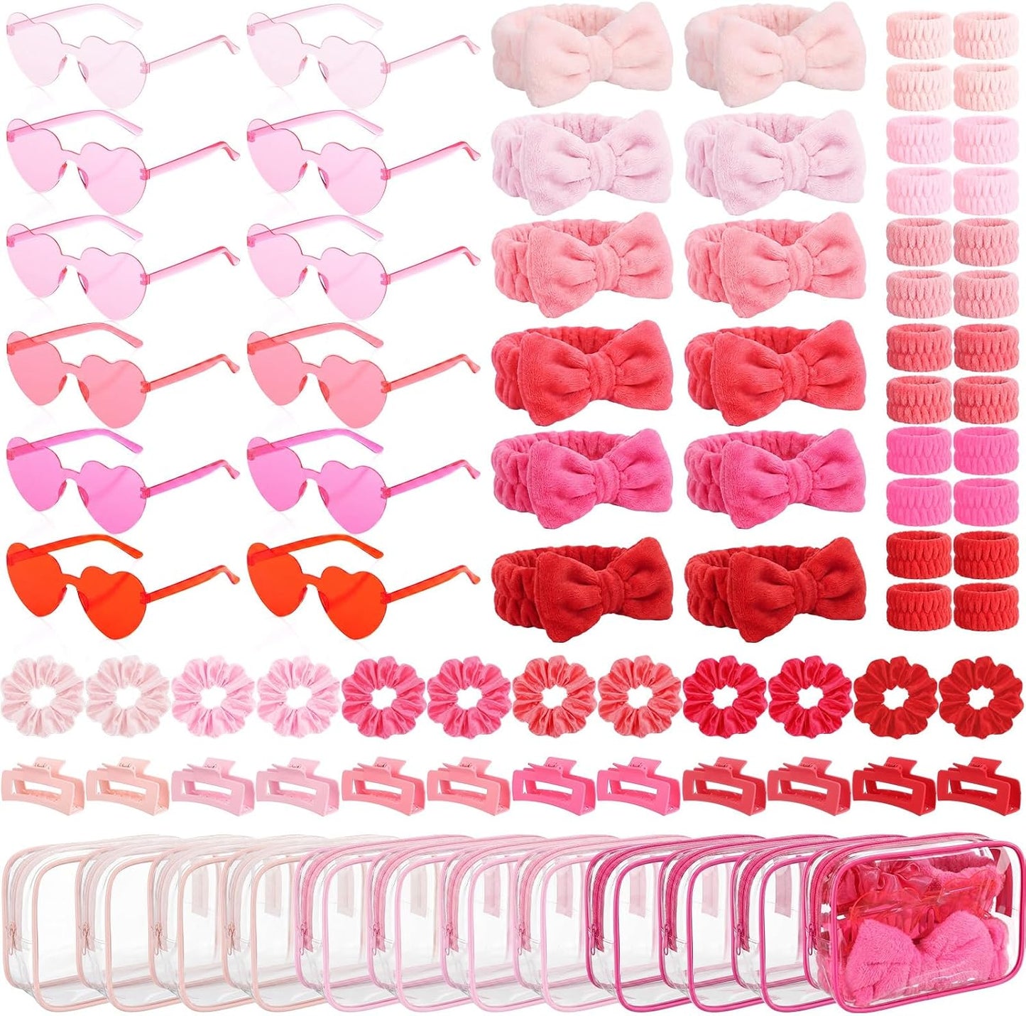 Slumber Party Supplies - 12 Set 84 Pcs Spa Gift Kit with Headbands, Sunglasses & Makeup Bag | Pastel Colors