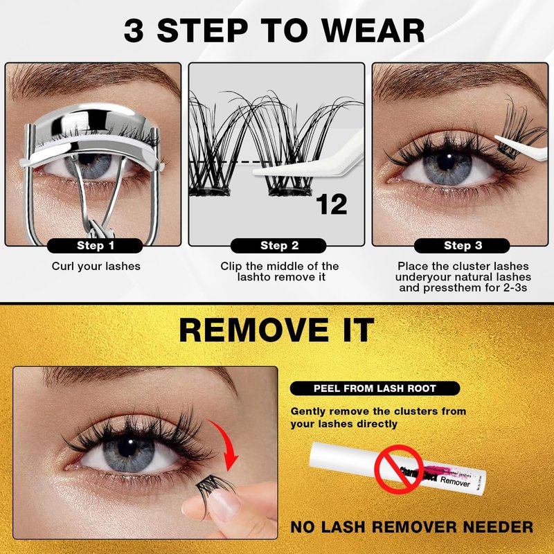 Self Adhesive Eyelashes - 150pcs No Glue Needed Eyelash Extensions 8-16mm Pre-Glued Lashes with Applicator Tweezers, Reusable Fake Eyelashes Clusters for Natural & Dramatic Looks for Beginners