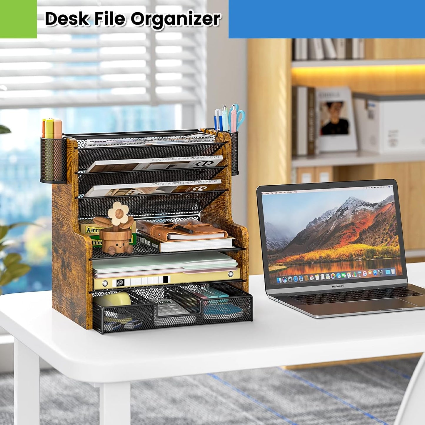 6-Tier Mesh Desk Organizer with Drawer | Sturdy Wooden Office Organizer for Papers & Folders - Space-Saving Design