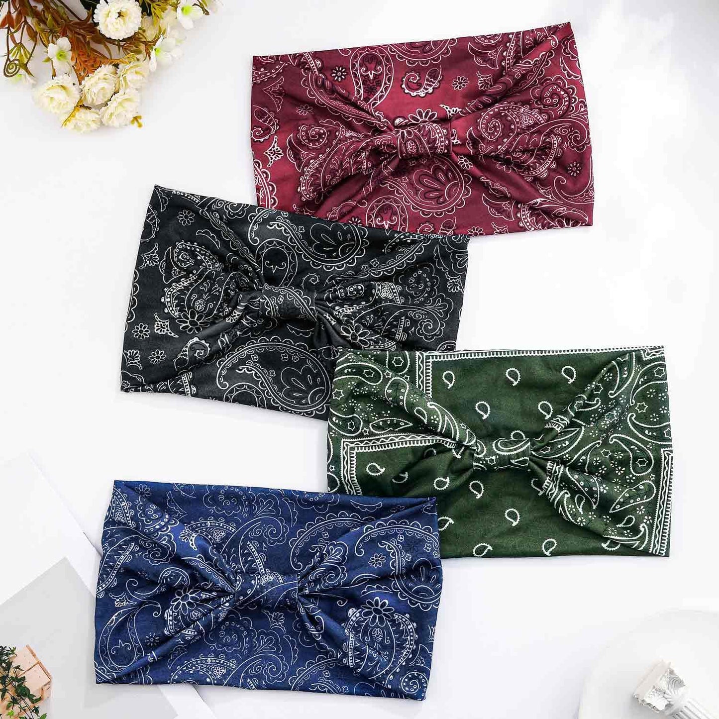 Olbye Wide Boho Headbands Floral Stretch Head Wraps Turban Knotted Yoga Hairbands Workout Hair Accessories for Women 4Pcs
