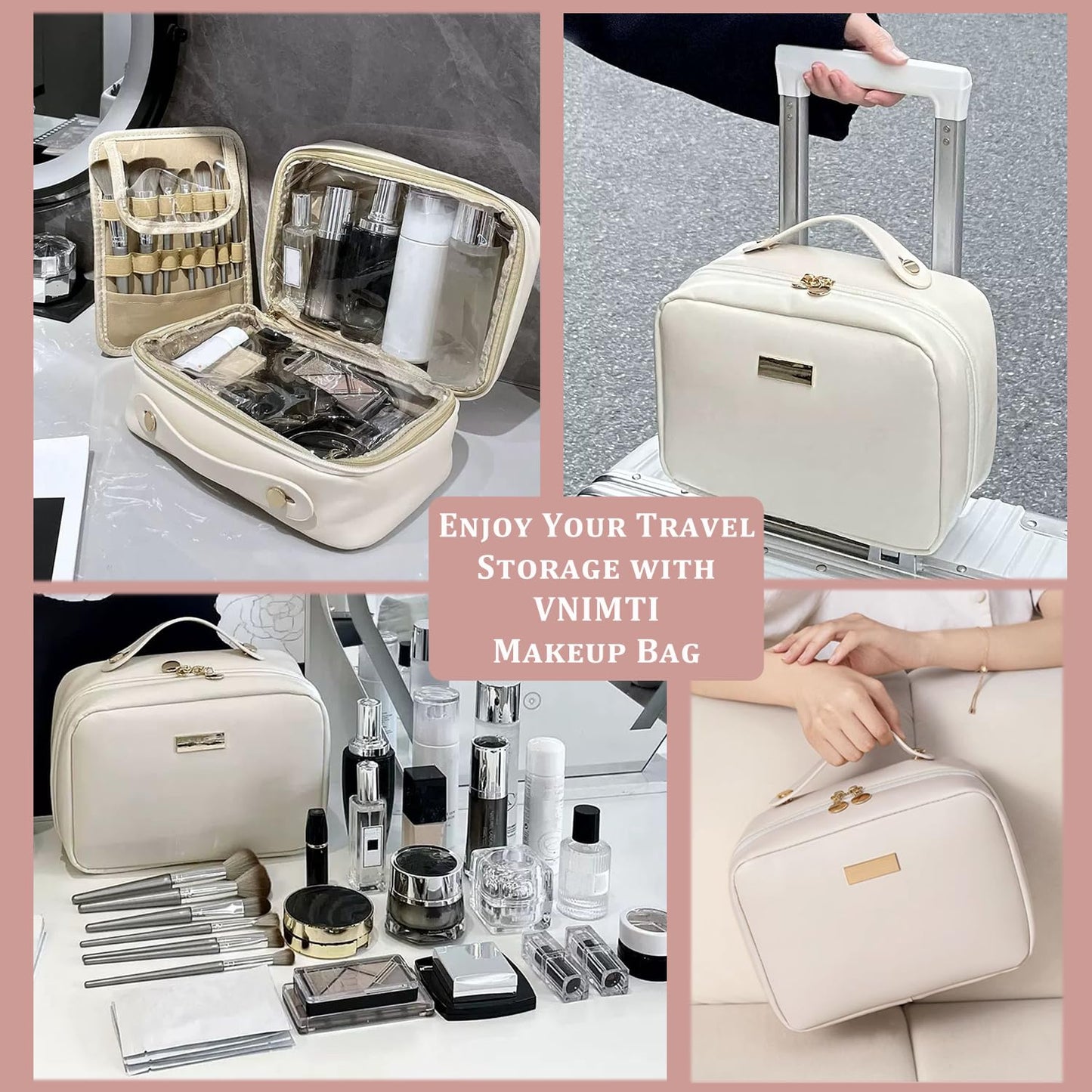 VNIMTI Travel Makeup Bag, Travel Toiletry Bag for Women with Brush Holder, Double Layer Large Cosmetic Bag, Portable Makeup Pouch, PU Leather, White