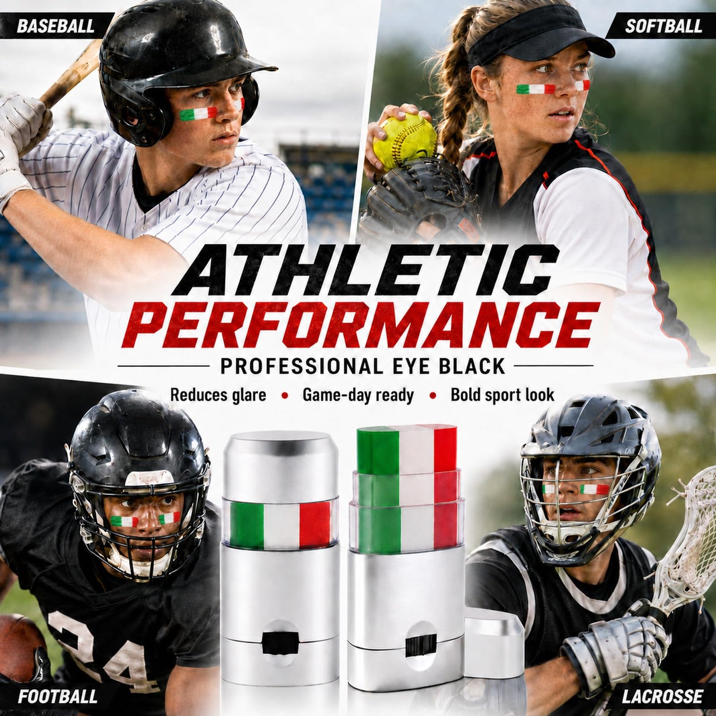 Paminify Mexican Eye Black,Mexico Green White and Red Patriotic Italy Flag Body Face Paint Stick for Fans,Waterproof Sport Face Paint for Soccer Baseball Softball Football Game Day Party,2 PCS