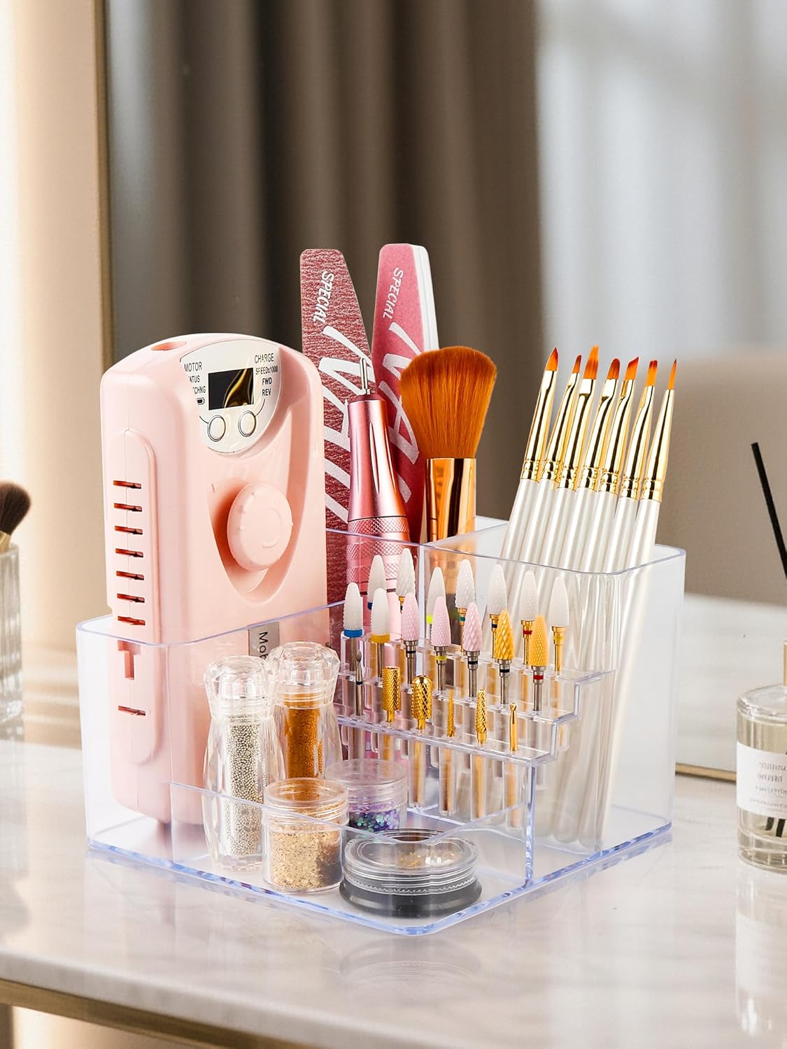 Nail Drill Holder with Drawer - Acrylic Makeup Organizer Case for Nail Bits | Beauty Storage Box for Dresser & Vanity