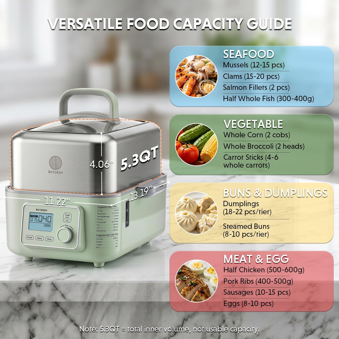 BUYDEEM G553 5-Quart Electric Food Steamer for 2-4 Servings, One Touch Vegetable Steamer for Cooking, Digital Multifunctional Steamer, Quick Steam, Stainless Steel Steamer Tray, No Stew Pots Included