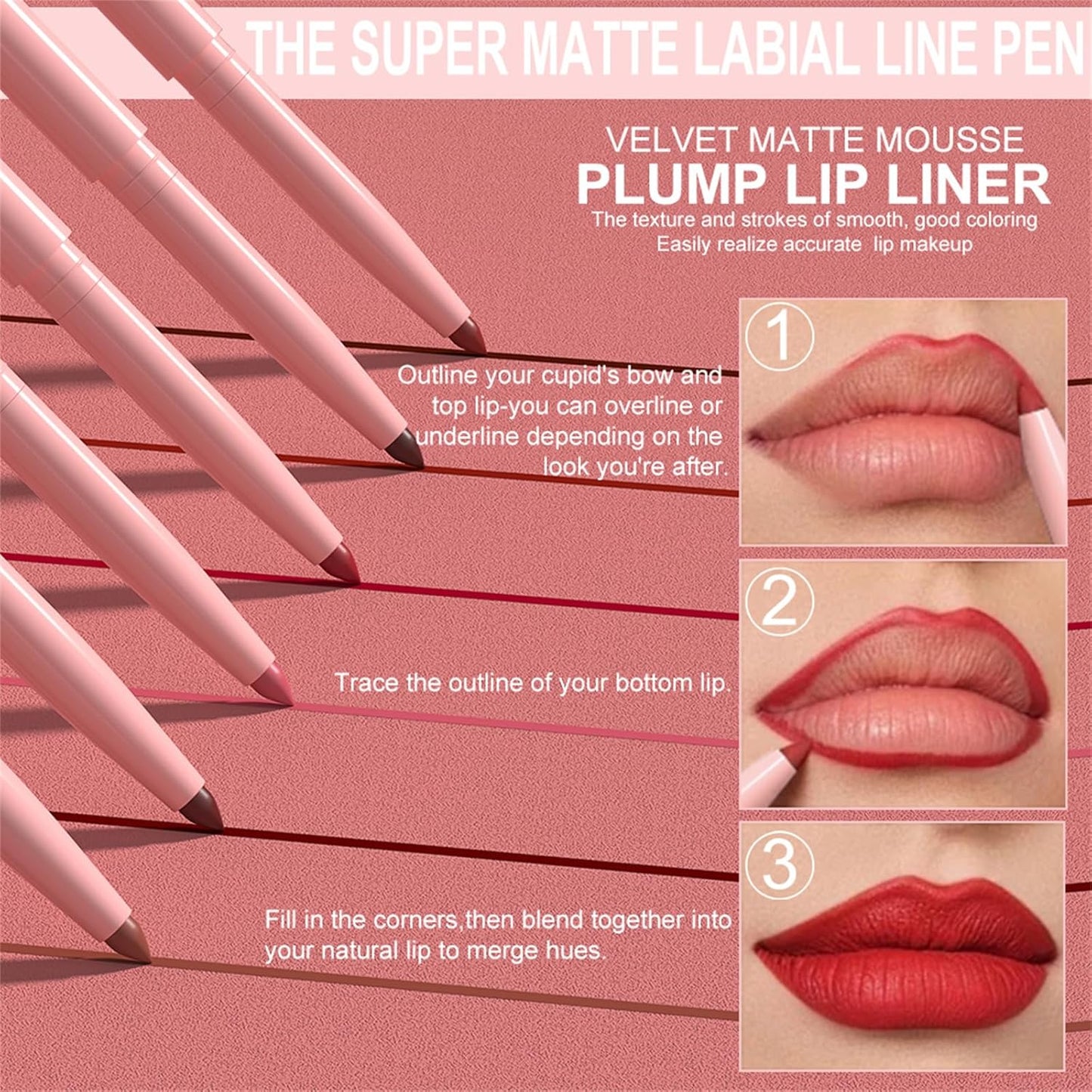 Retractable Lip Liner Pencils Set - 6 Rich Pigmented Shades | Waterproof & Long-Lasting Matte Finish