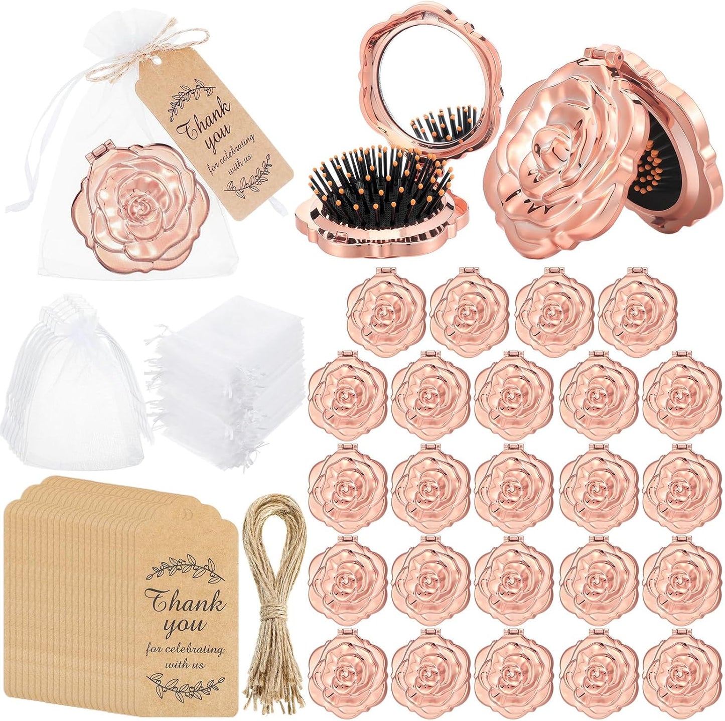 Rose Compact Mirrors - 24 Sets Travel Mirror Favors for Quinceanera, Sweet 16 & Bridal Shower | Silver