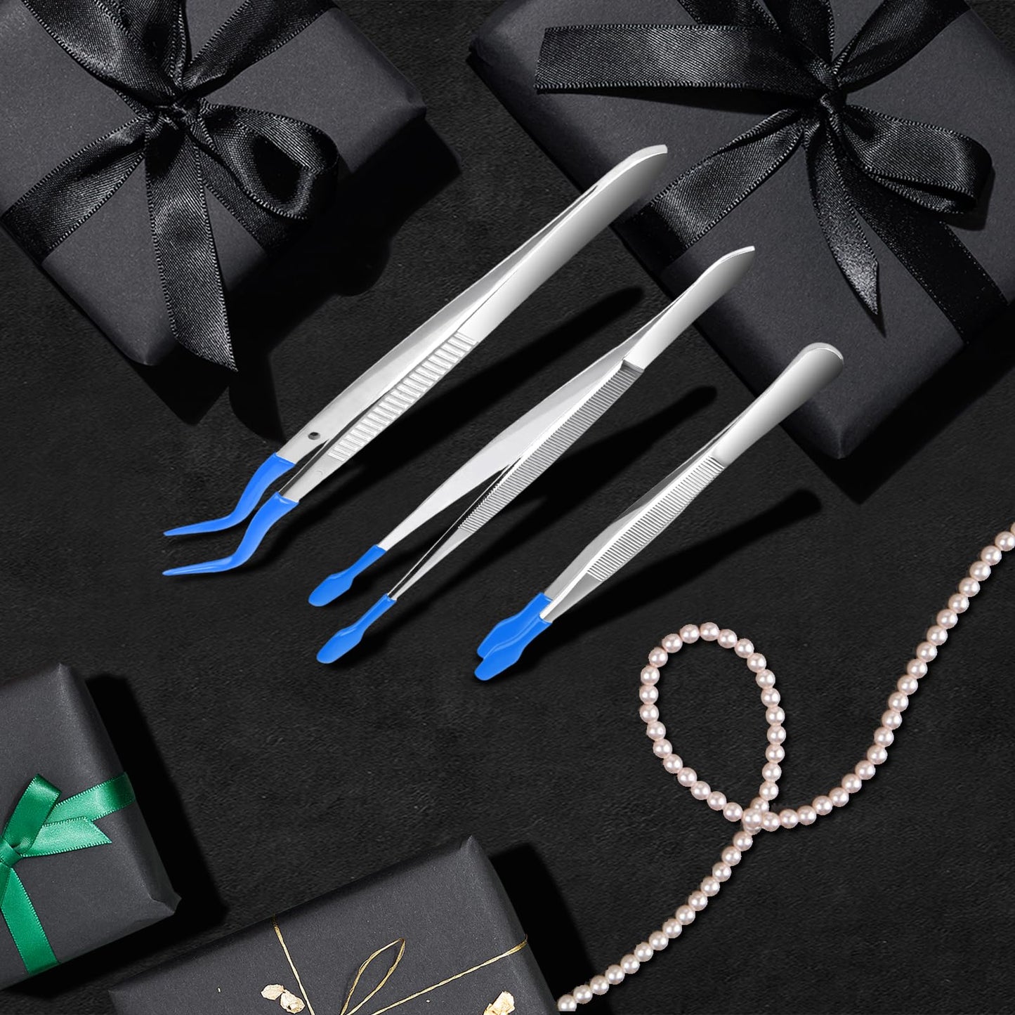 AngleKai 3PCS Tip Tweezers, Silicone Rubber Flat Tipped Tweezers Bent Tip for Jewelry Coin Stamp (Blue)