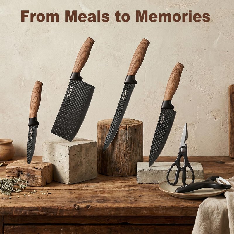 KEPEAK 6PCS Knife Set, Kitchen Knife Set with Nonstick Diamond Coating, High Carbon Stainless Steel Chef Knife Set with Cleaver and Scissors, Rustproof, Gift Box, for Home Kitchen, Chef Gifts