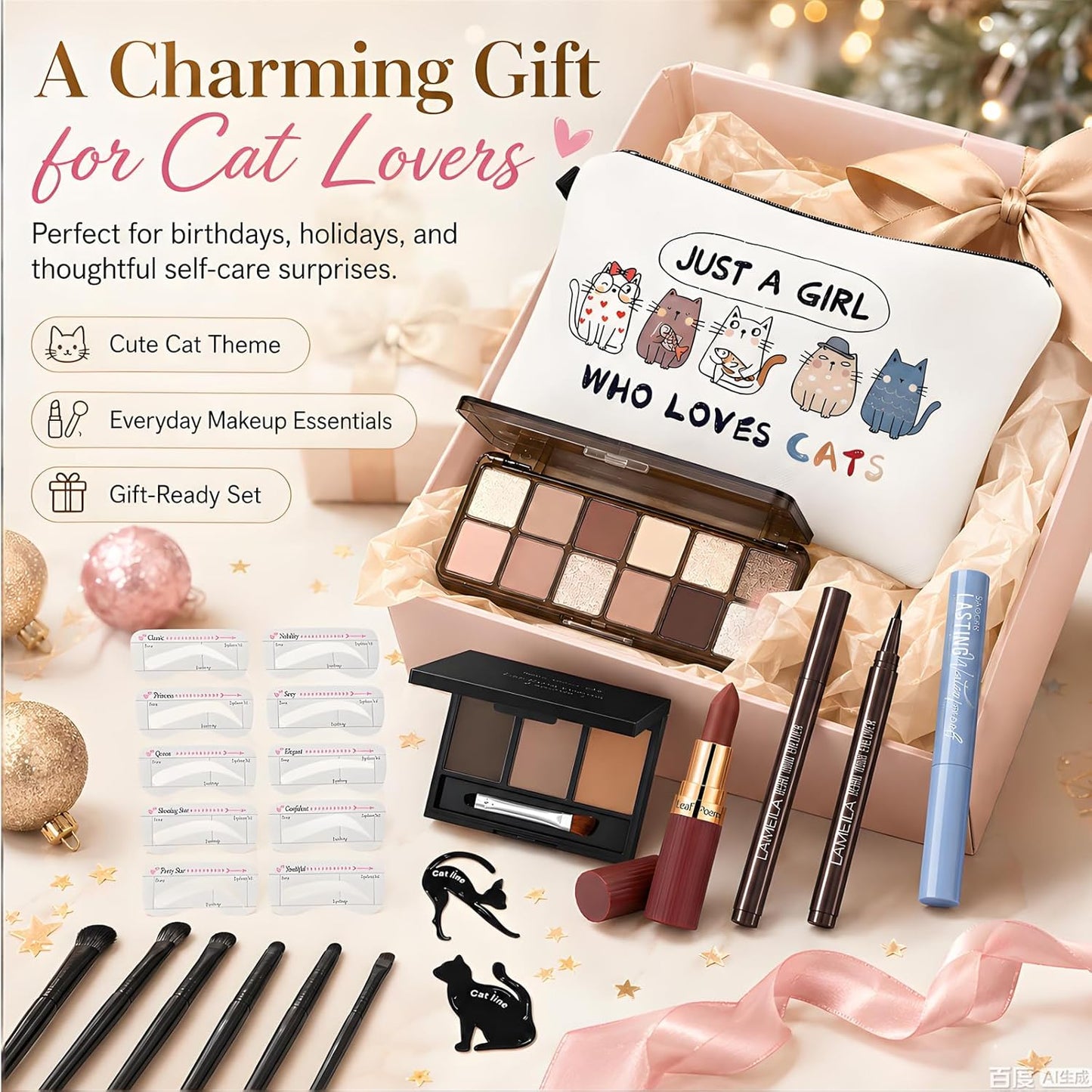 Eye Makeup Kit for Women - 90s Neutral Eyeshadow, Brow Powder, Cat Eyeliner Guides | Complete Makeup Gift Set for Girls & Teens