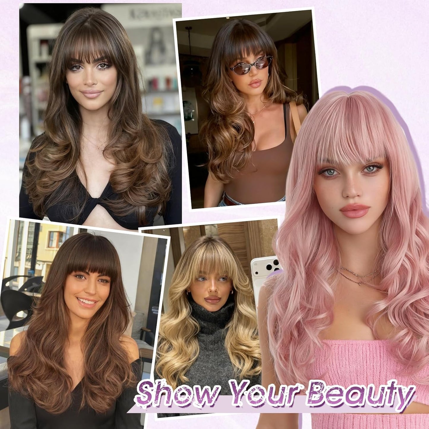 Brown Wigs with Bangs - Long Wavy Layered Synthetic Hair Wig | 24 Inch Dark Brown, Heat Resistant for Daily Wear & Parties