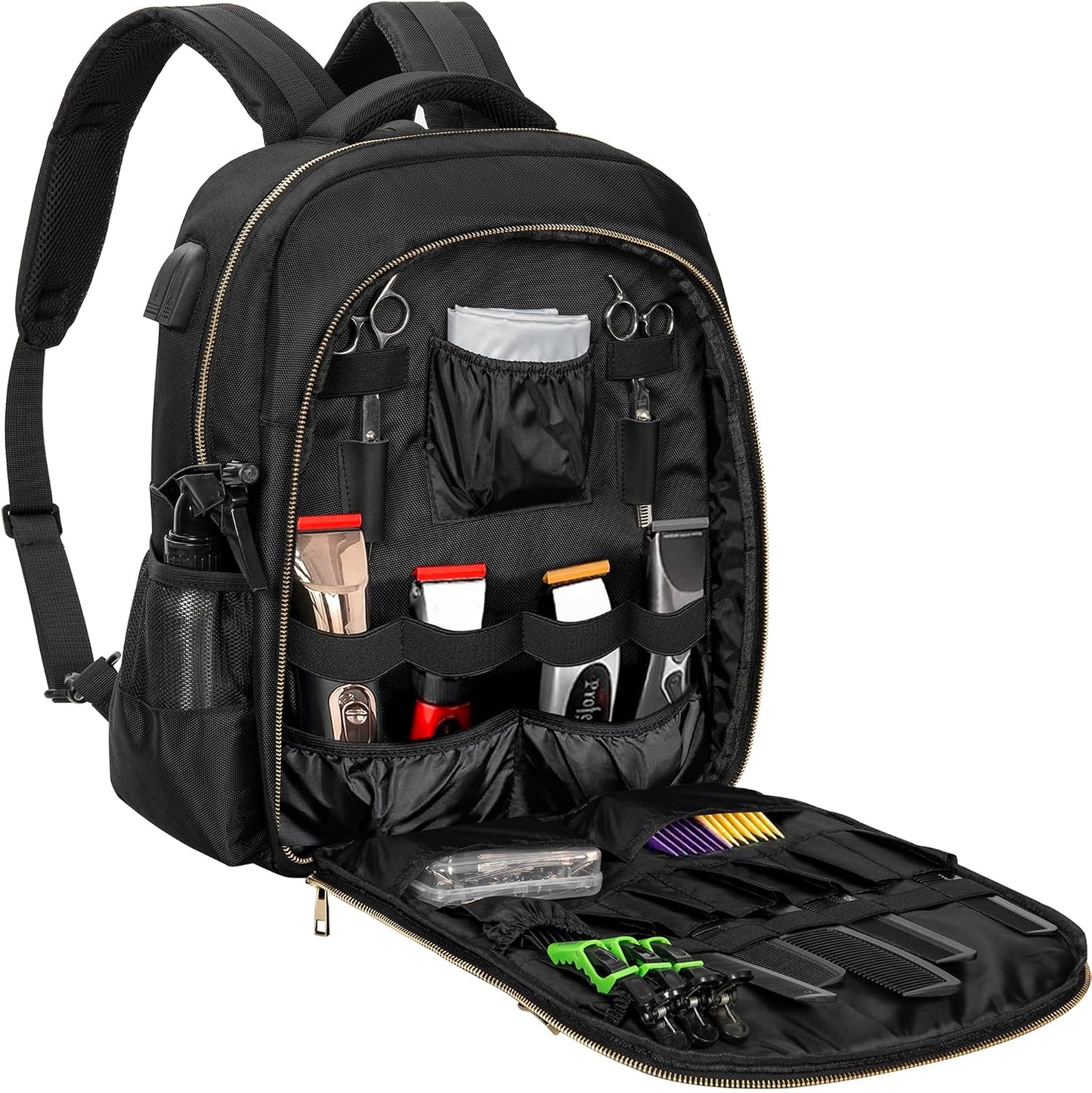 Barber Supplies Bag - Portable Backpack for Clippers & Tools with USB Port | Black