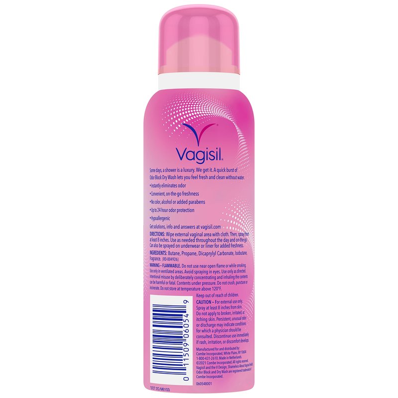 Vagisil Odor Block Dry Wash Spray for Feminine Hygiene, Gynecologist Tested, Hypoallergenic, 2.6 Ounces (Pack of 1)