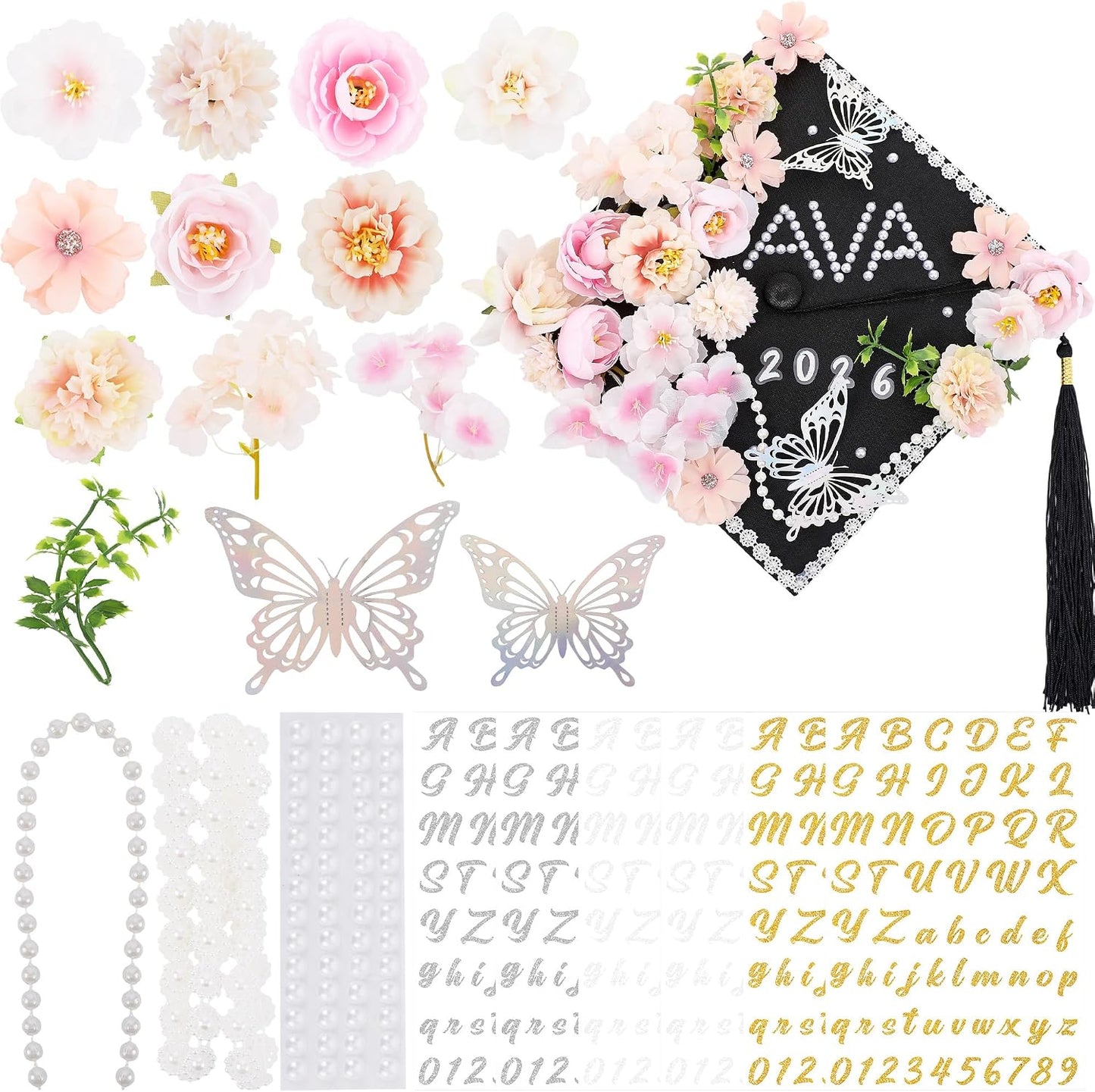 Graduation Cap Decoration Kit - 56 Pcs DIY Pink Flowers, Rhinestones & Glitter Butterflies | 2026 Grad Hat Topper
