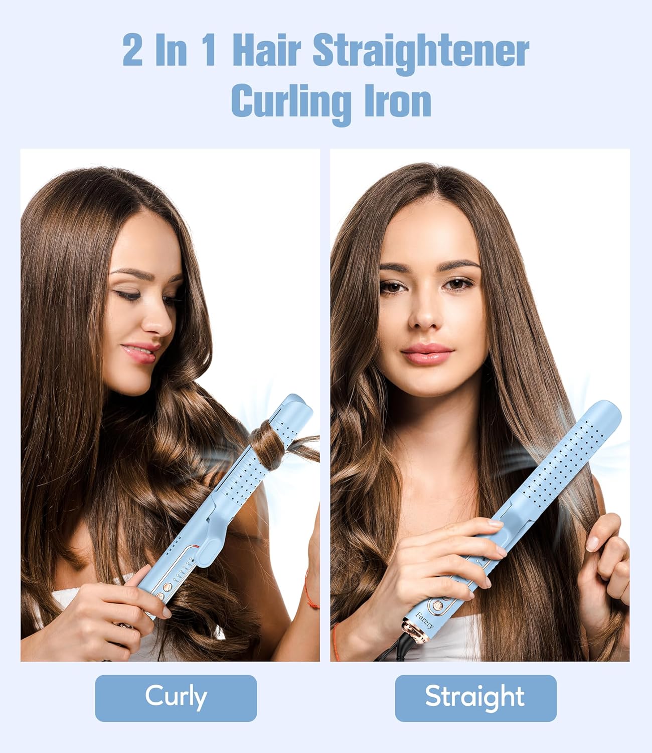 Farery Chill Set Soft-Air Curling Iron - 2-in-1 Hair Straightener & Curler with Long Barrel, Quick Styling in Blue