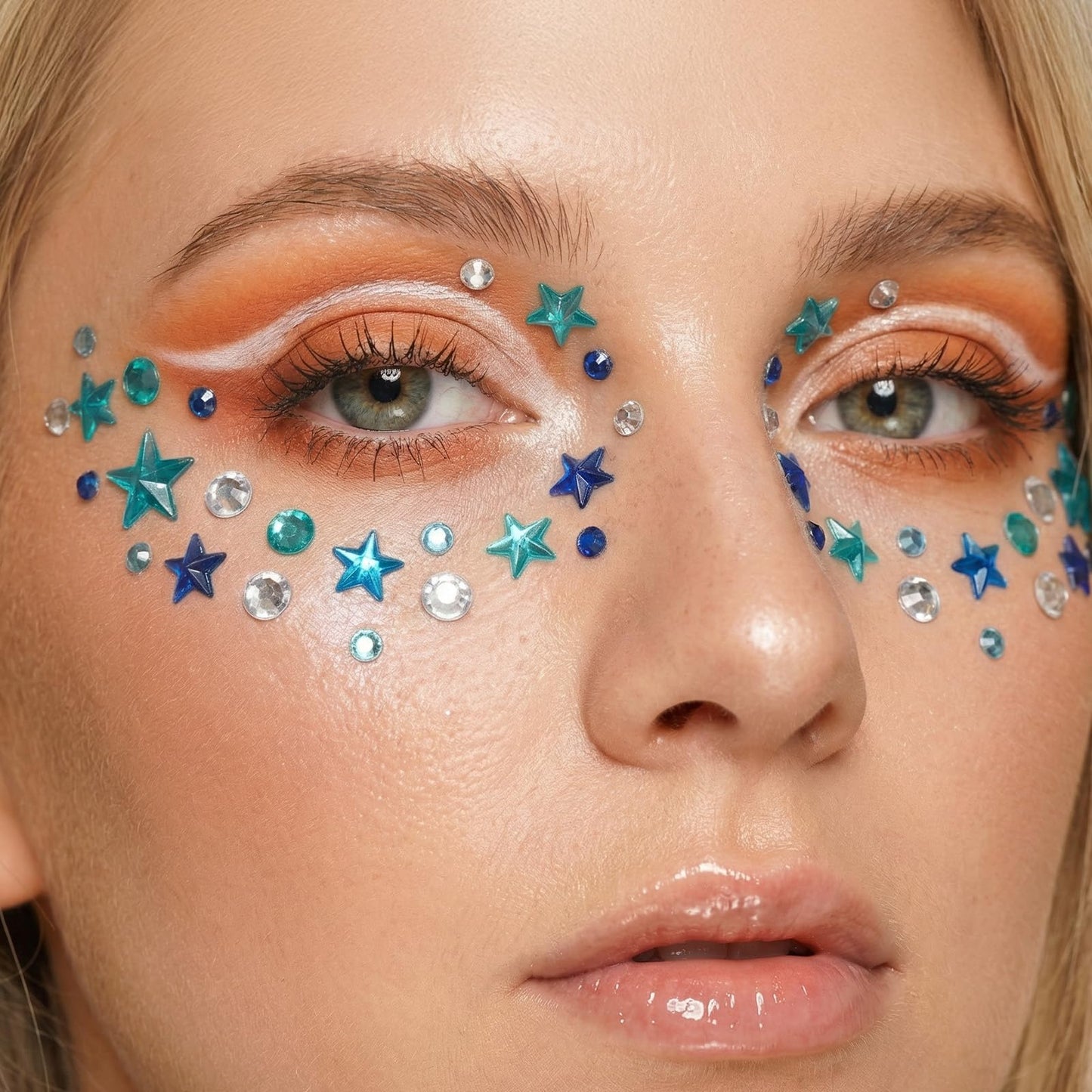 8 Sheets Self-Adhesive Rhinestone Stickers, Star and Circle Face Jewels, Blue Silver Penta Angel Gems for Festival Holiday Party Makeup, Face Rhinestones Diamonds for Body Nails Hair Decoration