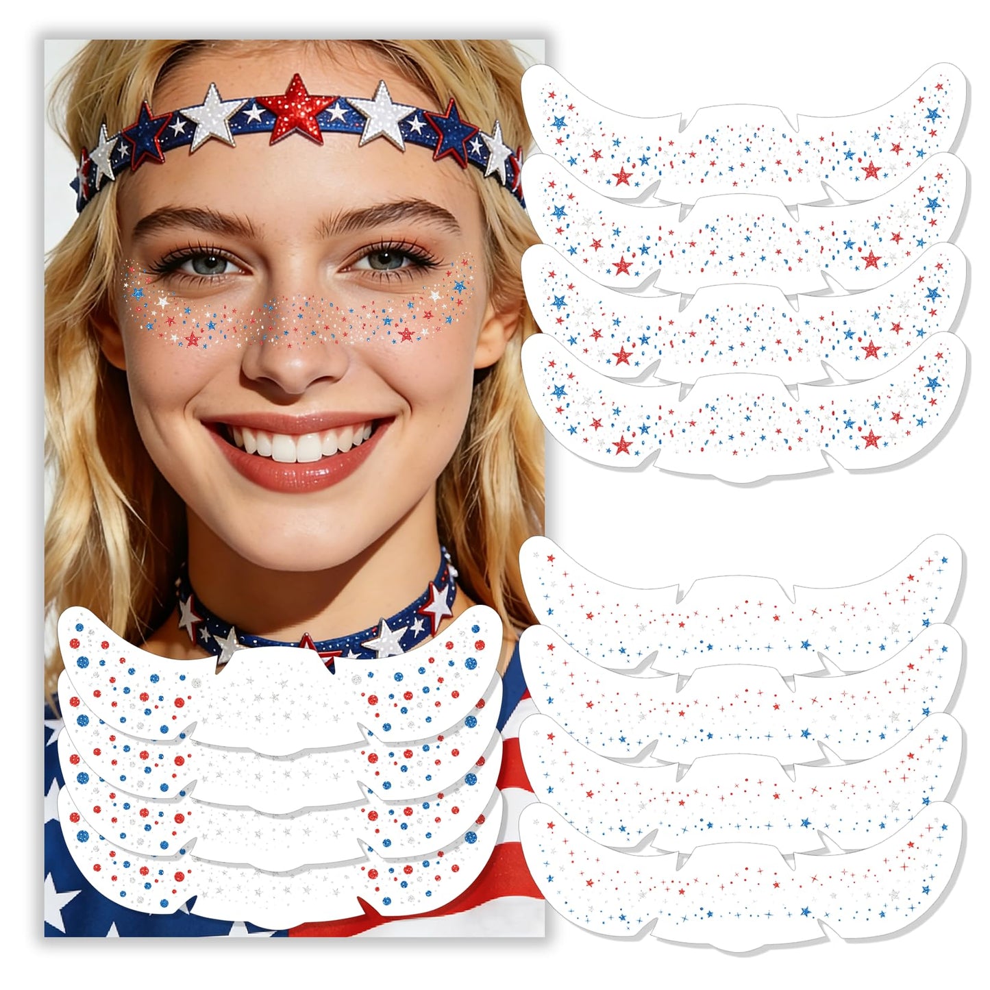 3 Styles Red White and Blue Freckles, 12 Pcs 4th of July Glitter Freckles, Star Patriotic Face Tattoos for Women Kids, 4th of July Face Tattoos Accessories for 250 Anniversary Usa Merchandise (July12)