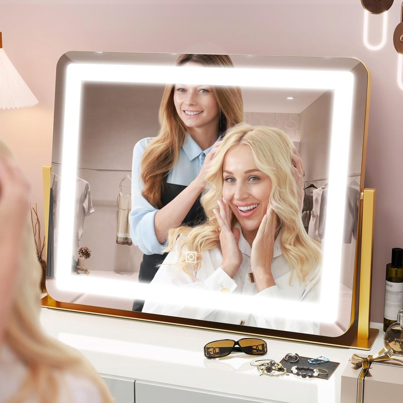 Gold Lighted Vanity Mirror - 22"x17" Dimmable LED Makeup Mirror with Sturdy Aluminum Frame | 360° Rotating Design