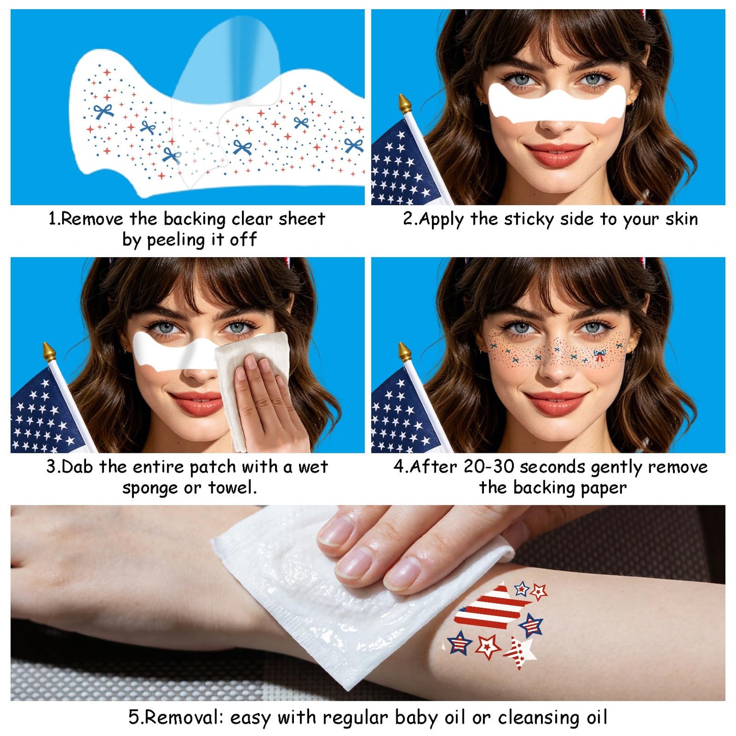 4th of July Glitter Freckles Face Tattoos, Red White Blue 250th Anniversary Patriotic Star Face Tattoo for Women, Independence Memorial Labor Day Body Tattoos USA Face Sparkles Makeup, 28 Pairs