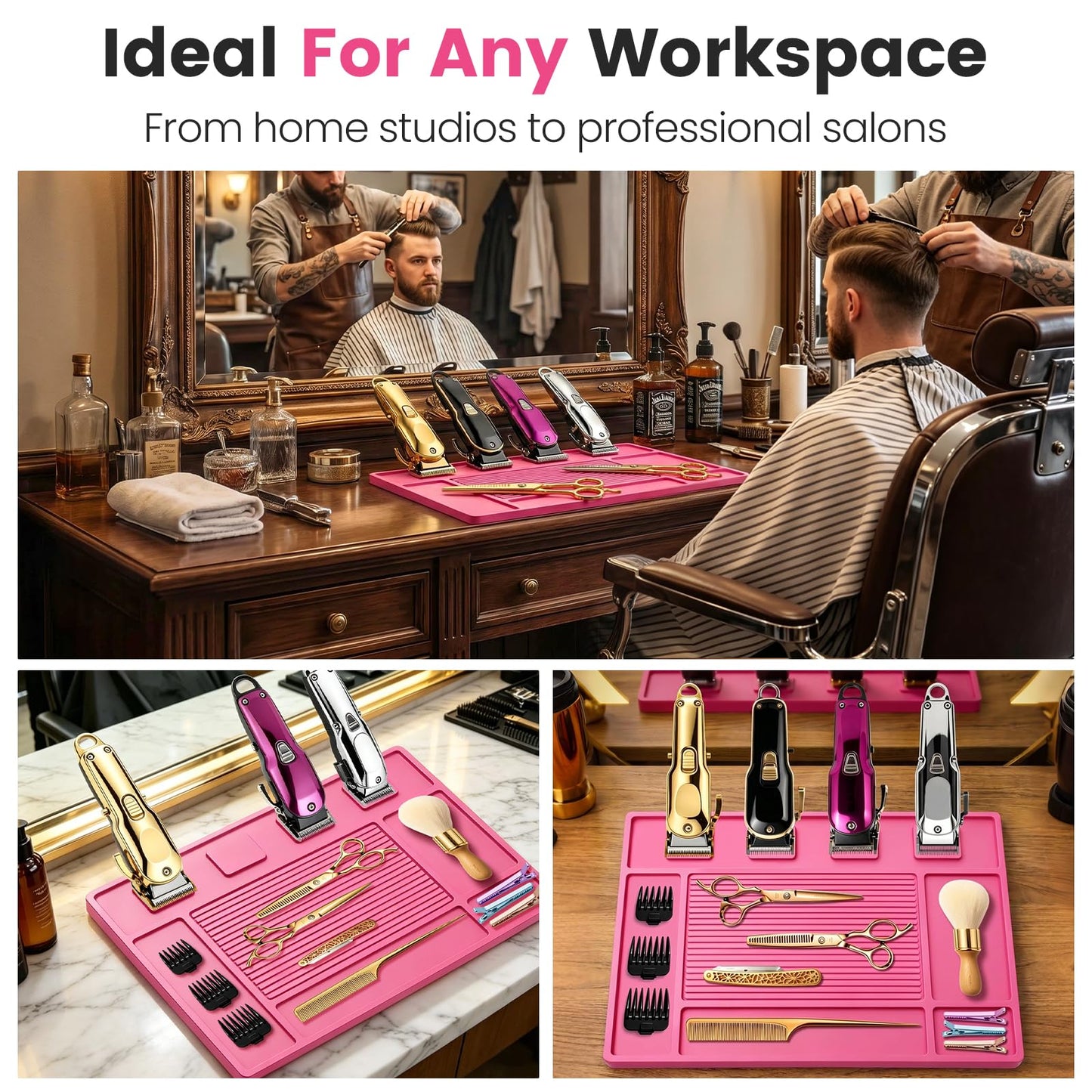MEOFIENK Magnetic Barber Mat for Clippers – 4 Magnets, Anti-Slip Heat-Resistant Silicone Pad, Barber Station Organizer with Tool Slots & Textured Zones for Hairstylist Salon Home