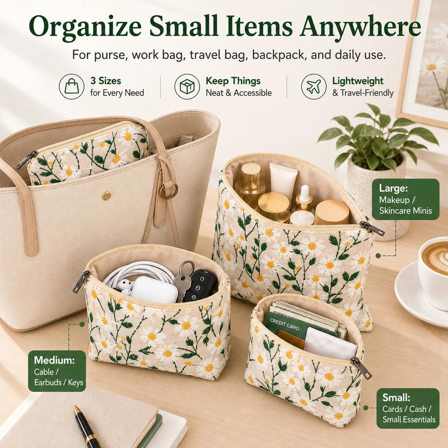 BBORGDC Small Cosmetic Bag Set of 3 for Purse, Cute Cotton Floral Makeup Bags, Small Makeup Bag Organizer, Cosmetic Pouch Set for Travel & Daily Use
