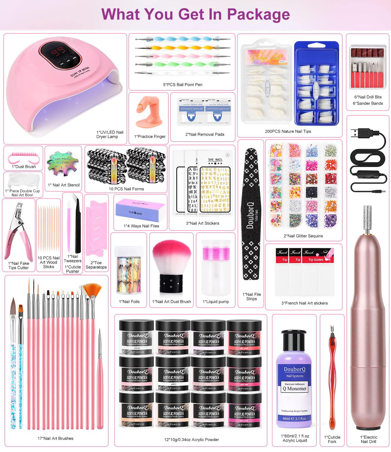 Acrylic Nail Art Kit for Beginners with U V Lamp and Drill