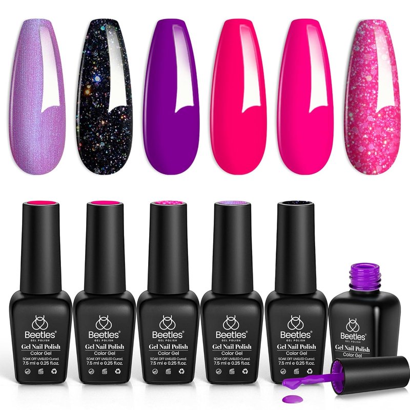 Hot Pink Gel Nail Polish Set - 6 Colors Glitter & Shimmer | Soak Off UV Gel for DIY Manicure