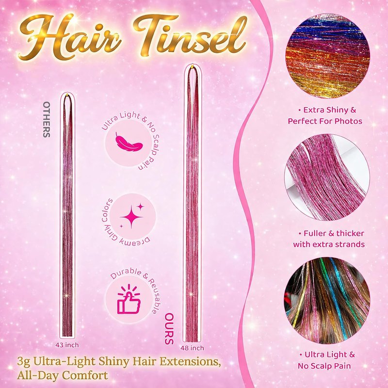 Black Hair Tinsel - 8 Pcs Fairy Hair Tinsel Kit | 48 Inch Glitter Hair Extensions for Parties & Festivals