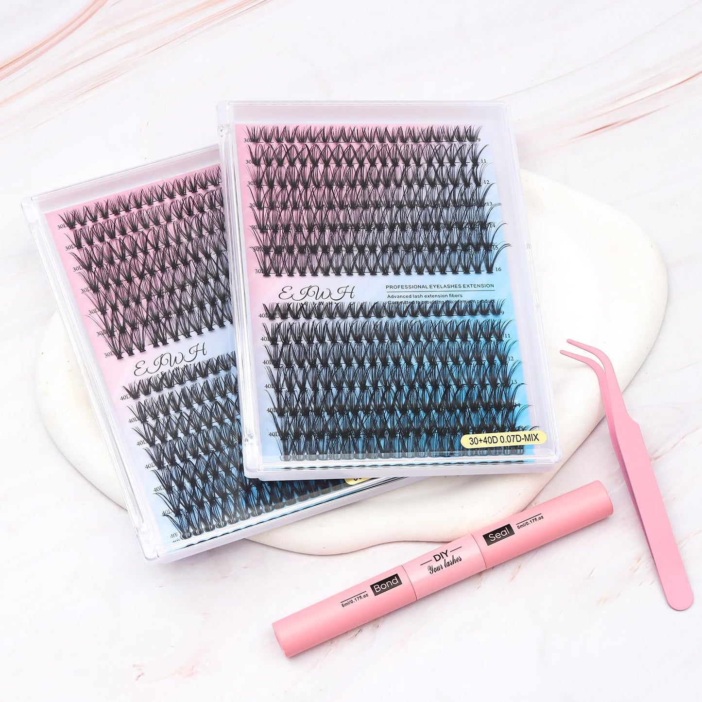 Lash Clusters Kit 280Pcs Individual Cluster Lash Extensions Kit 30D+40D Wispy Eyelash Clusters with Lash Bond and Seal and Tweezers and Nail stickers 8-16mm 2 Styles Mix Lashes Clusters Kit