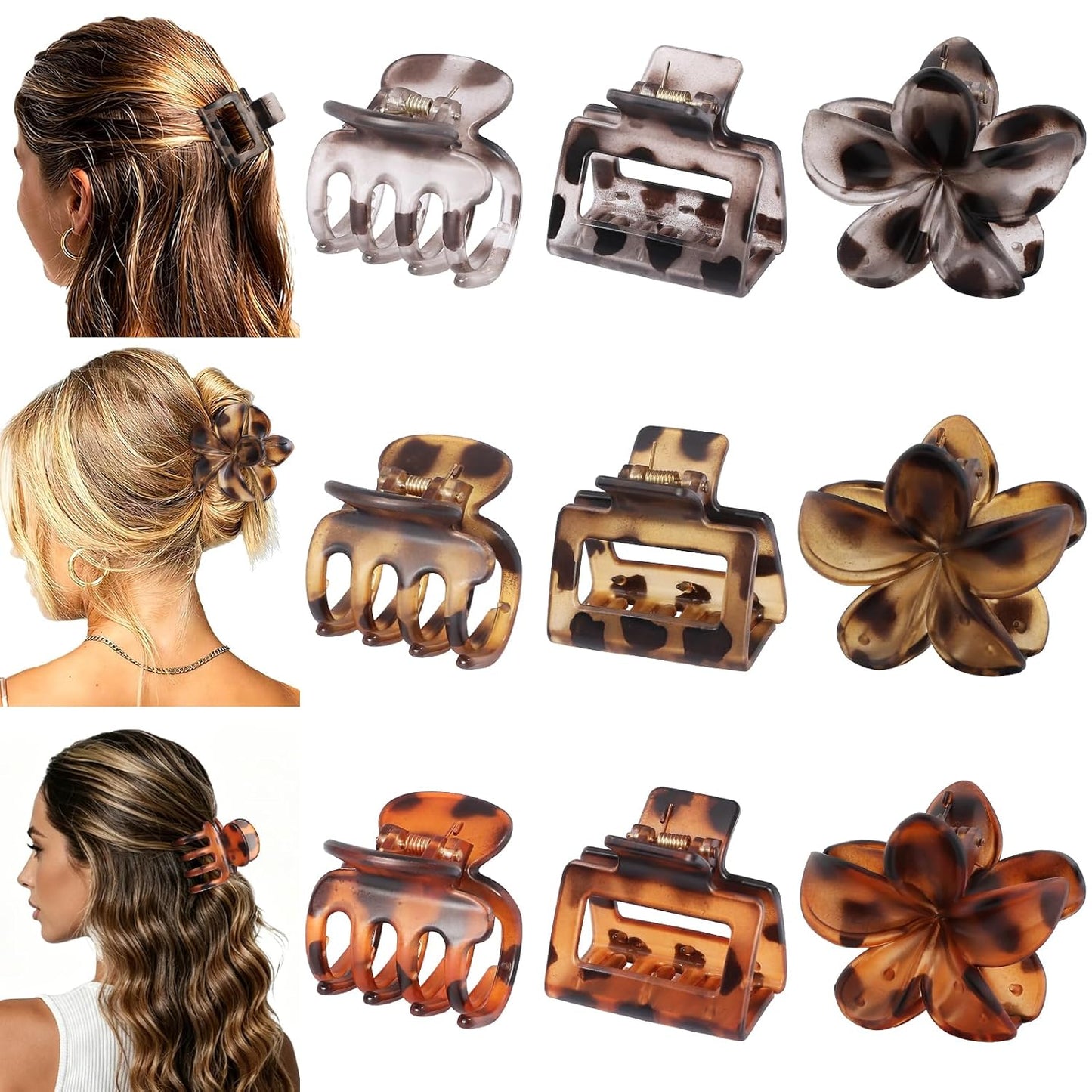 Medium Hair Clips for Women - 9 Pcs Small Claw Clips | Flower & Square Designs for Thin & Thick Hair