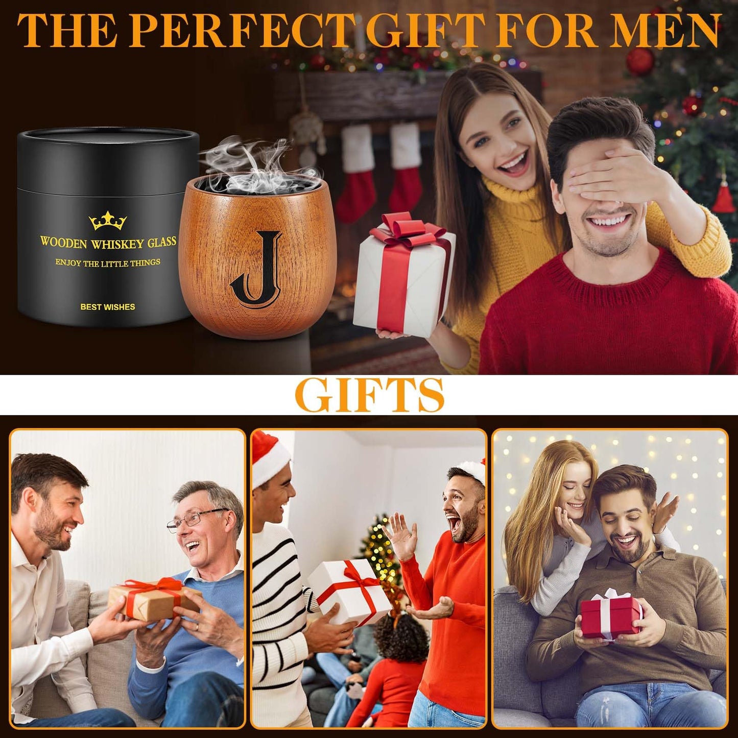 Fathers Day Birthday Gifts for Husband Dad Grandpa, Personalized Gifts for Men, Initial Charred Wooden Bourbon Drinking Glass & Whiskey Glasses Gift, Birthday Gift for Men Dad Husband Brother Him (J)