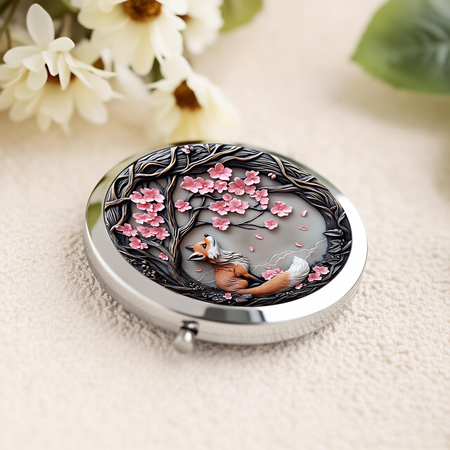 Silver Compact Mirror, 2.8x2.8inch Double-Sided Folding Makeup Mirror with Cherry Blossom Red Fox Design, Ideal Gift for Women