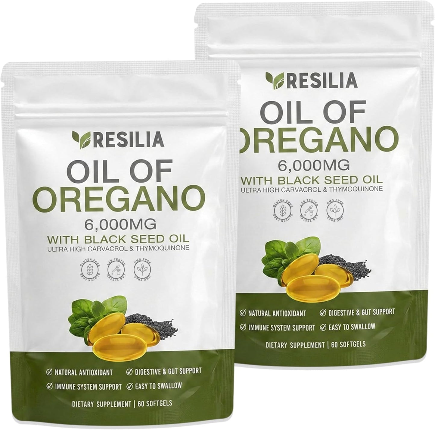 Resilia Black Seed Oil Softgels 6000mg - Premium Oregano Oil Capsules for Immune & Digestive Support | Non-GMO, Gluten-Free (60 Count)
