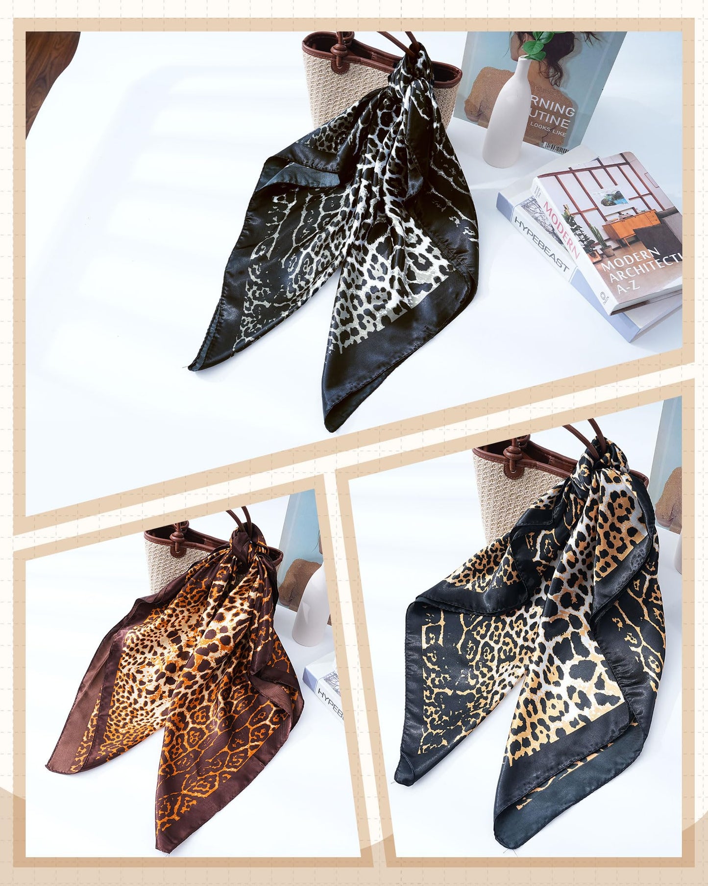 Mesovor 35” Square Head Scarf for Women, 3 Pack Like Silk Satin Headscarf Hair Neck Scarf Top Bandanas for Sleeping (Leopard(Black/Yellow/Coffee))