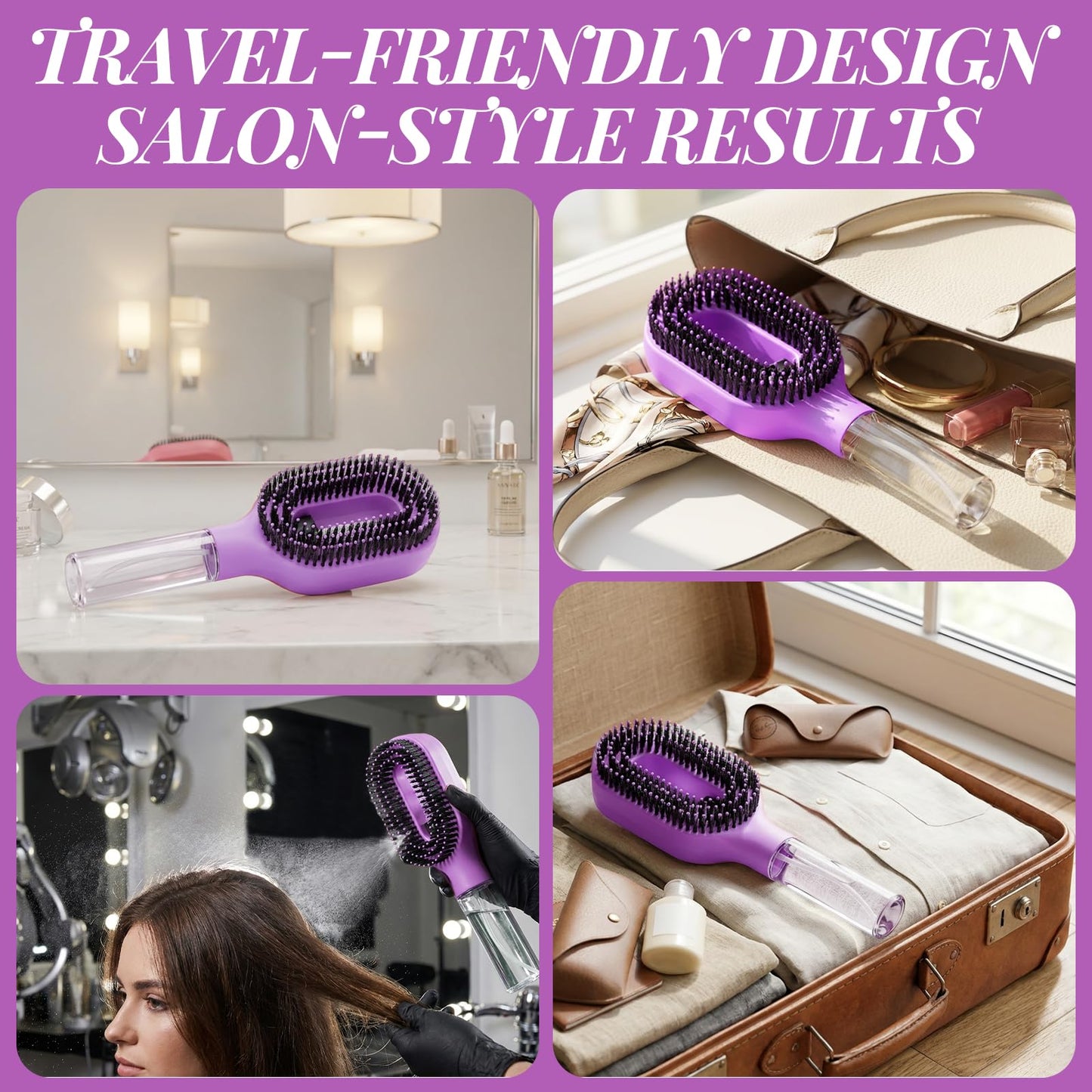 2-in-1 Misting Hair Brush with Built-In Water Spray, Fine Mist Detangling Hairbrush for Curly, Thick & Wavy Hair, Anti-Frizz Wet & Dry Styling Tool with Refillable Reservoir(1, Purple)