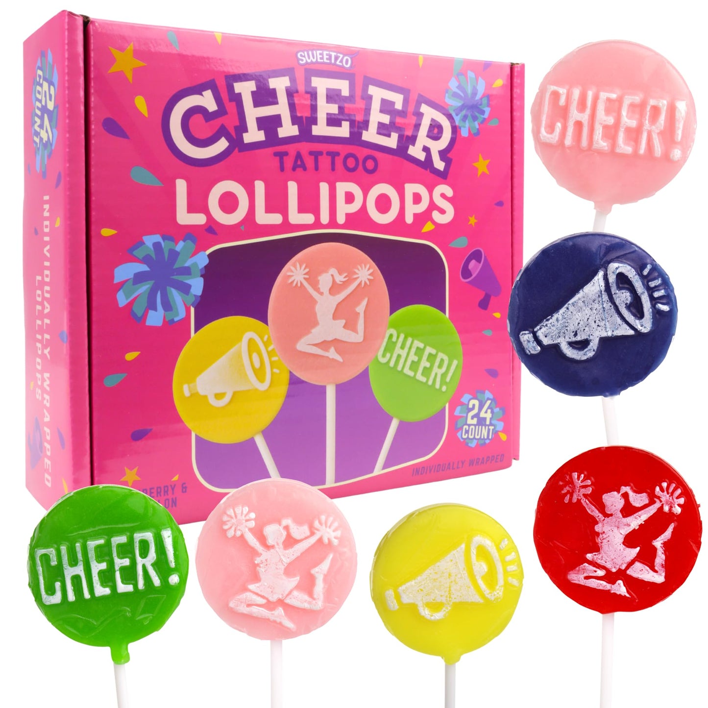 Cheer Tattoo Lollipops, Team Party Favor Candy Gifts, Pack of 24