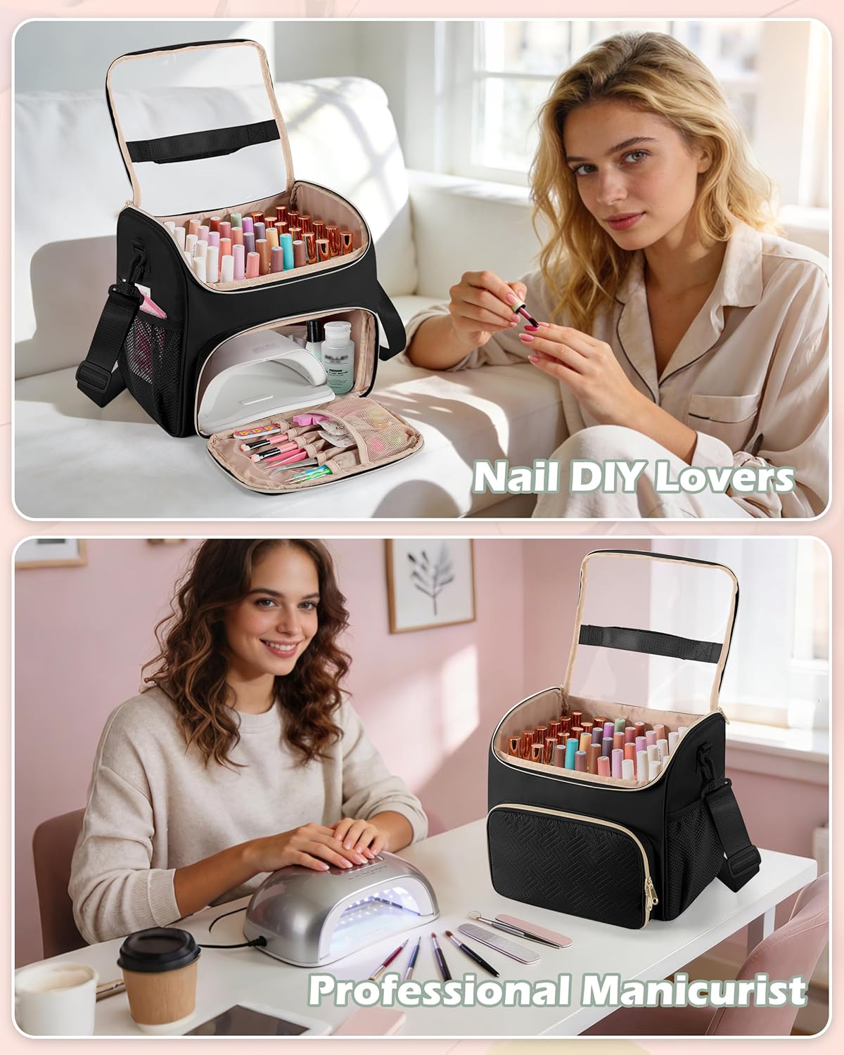 Nail Polish Organizer Bag - Holds 42 Bottles | Double Layer Storage Case for Gel Polish & Tools - Black