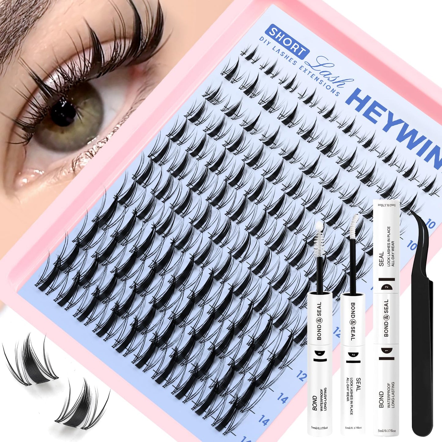 DIY Lash Extension Kit - Natural Wispy D Lashes Clusters | 8-18mm Eyelash Extensions with Bond, Seal & Tweezers for Beginners