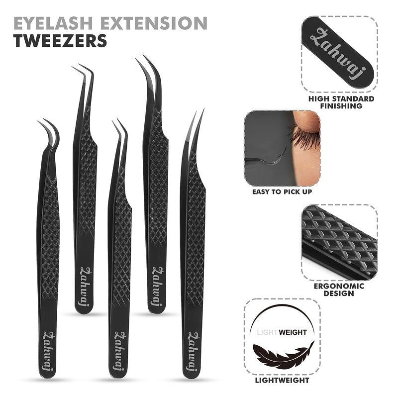 ZAHWAJ Fiber Tip Lash Tweezers - Set of 5 Diamond Grip Eyelash Extension Tweezers, Japanese Stainless Steel Tweezers Set for Volume, Isolation & Classic Lashes (Black)