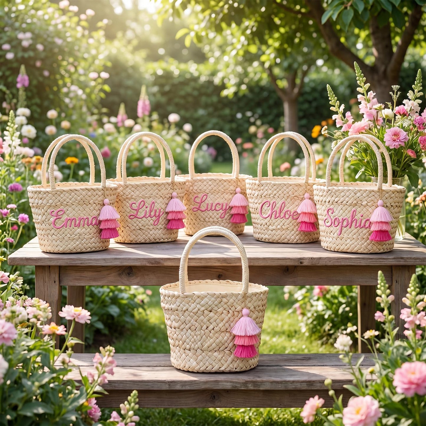 Abbylike 6 Pcs Mini Straw Tote Bags with Tassel Keychains, Woven Beach Handbags with Lining DIY Handmade Gift Bags for Bachelorette Party, Bridal Shower, Beach, Picnic & Girls Trip
