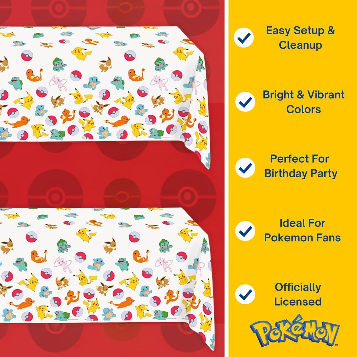 Unique Pokémon Table Cloths - 2 Pack Plastic Table Covers for Pokémon Birthday Party | Officially Licensed