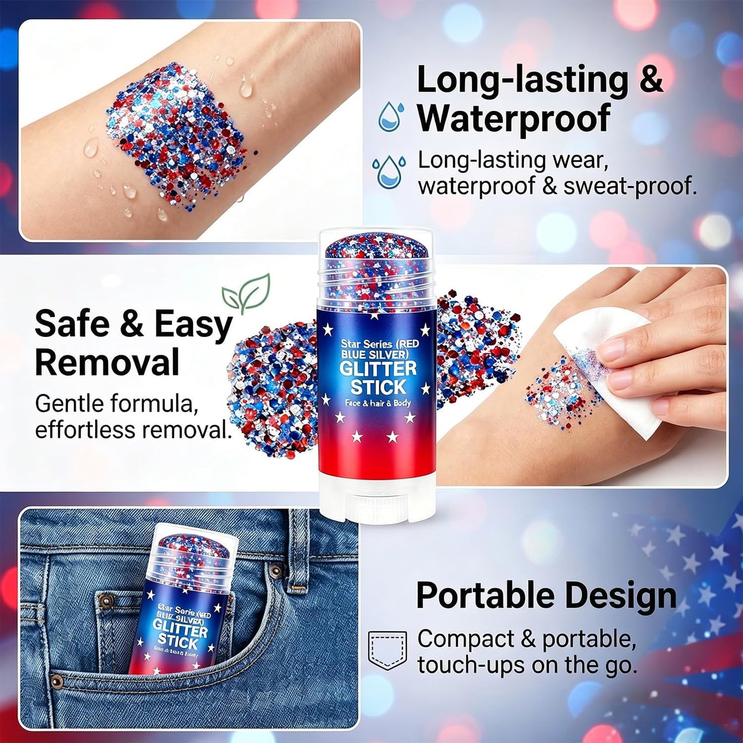 4th of July Glitter Stick - Red, White & Blue Face Glitter for Rave & Patriotic Makeup | Independence Day Decorations