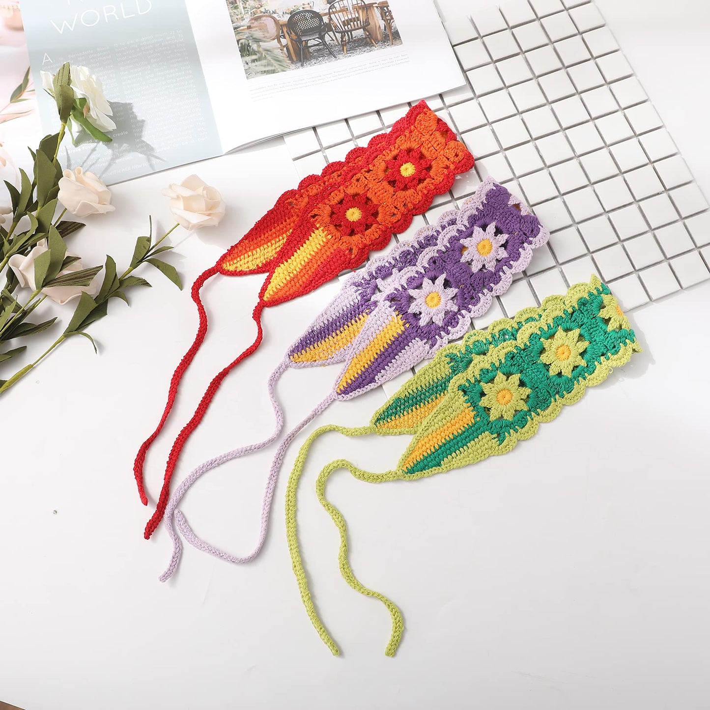 CHLINS Daisy Floral Elastic Handmade Crochet Headbands - 3PCS Bohemian Knit Head Wraps for Women and Girls (Colorful: Purple, Green, Orange)