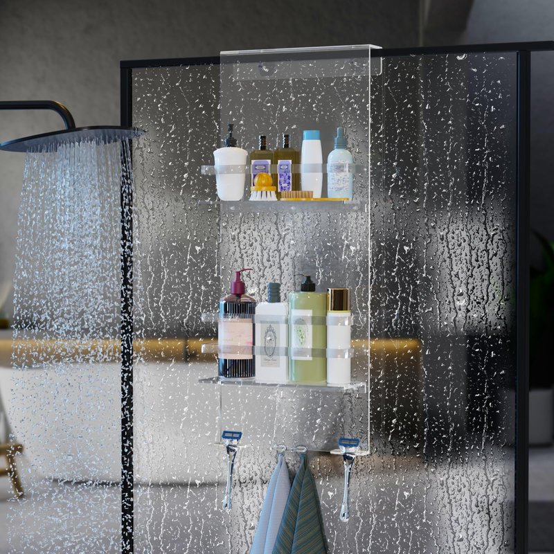 Nynelly Over The Door Shower Caddy, Acrylic Shower Caddy Shelf with Hooks, No Drilling Adjustable Hanging Shower Organizer for Bathroom Storage, Body Wash Shampoo Holder