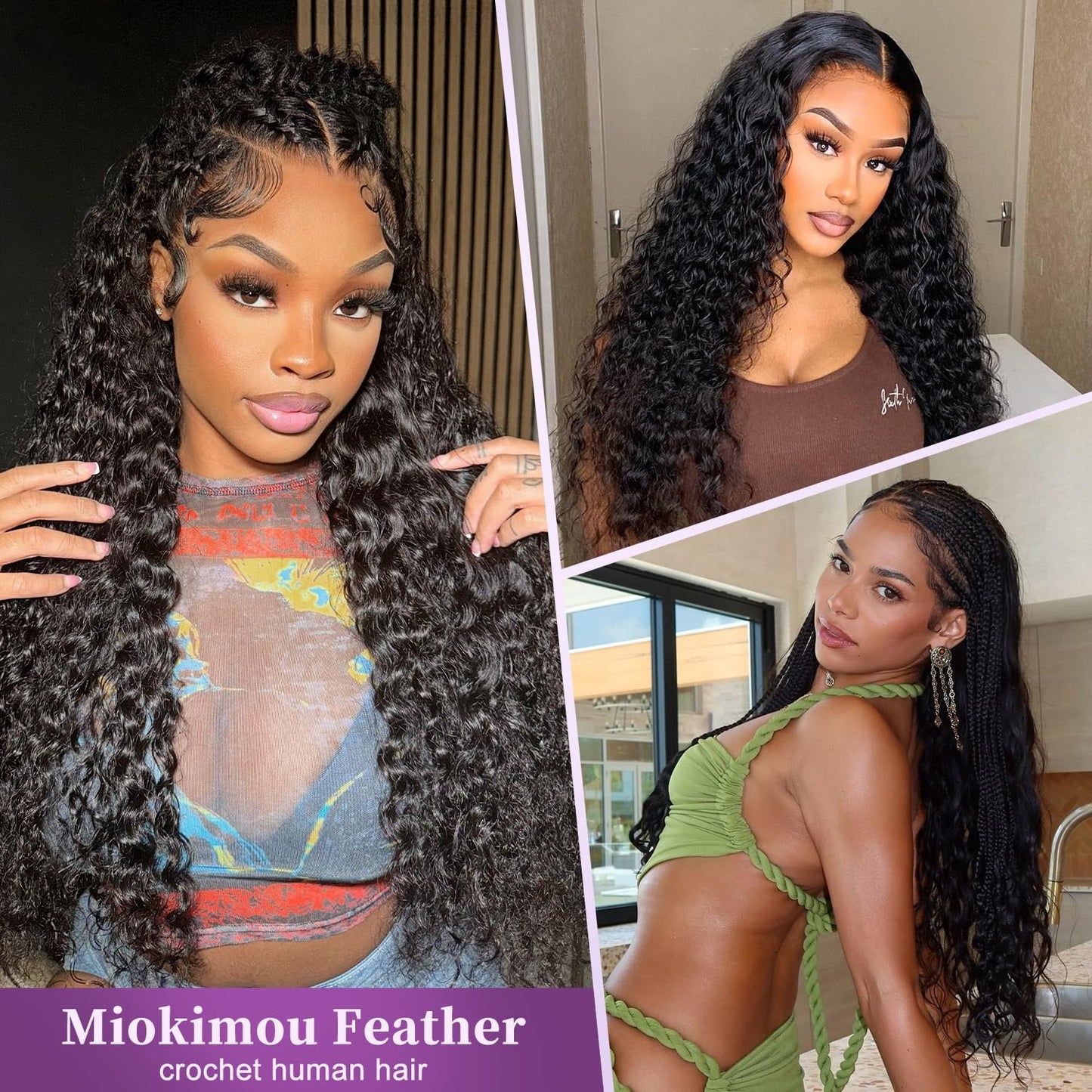 Miokimou Feather Crochet Human Hair 16Inch Deep Wave Crochet Hair for Black Women Knotless Pre-separated 50 Strands Invisible Miracle Knots Crochet Human Hair (1–2Pack Fill-In, 3–4Pack Fuller Look)