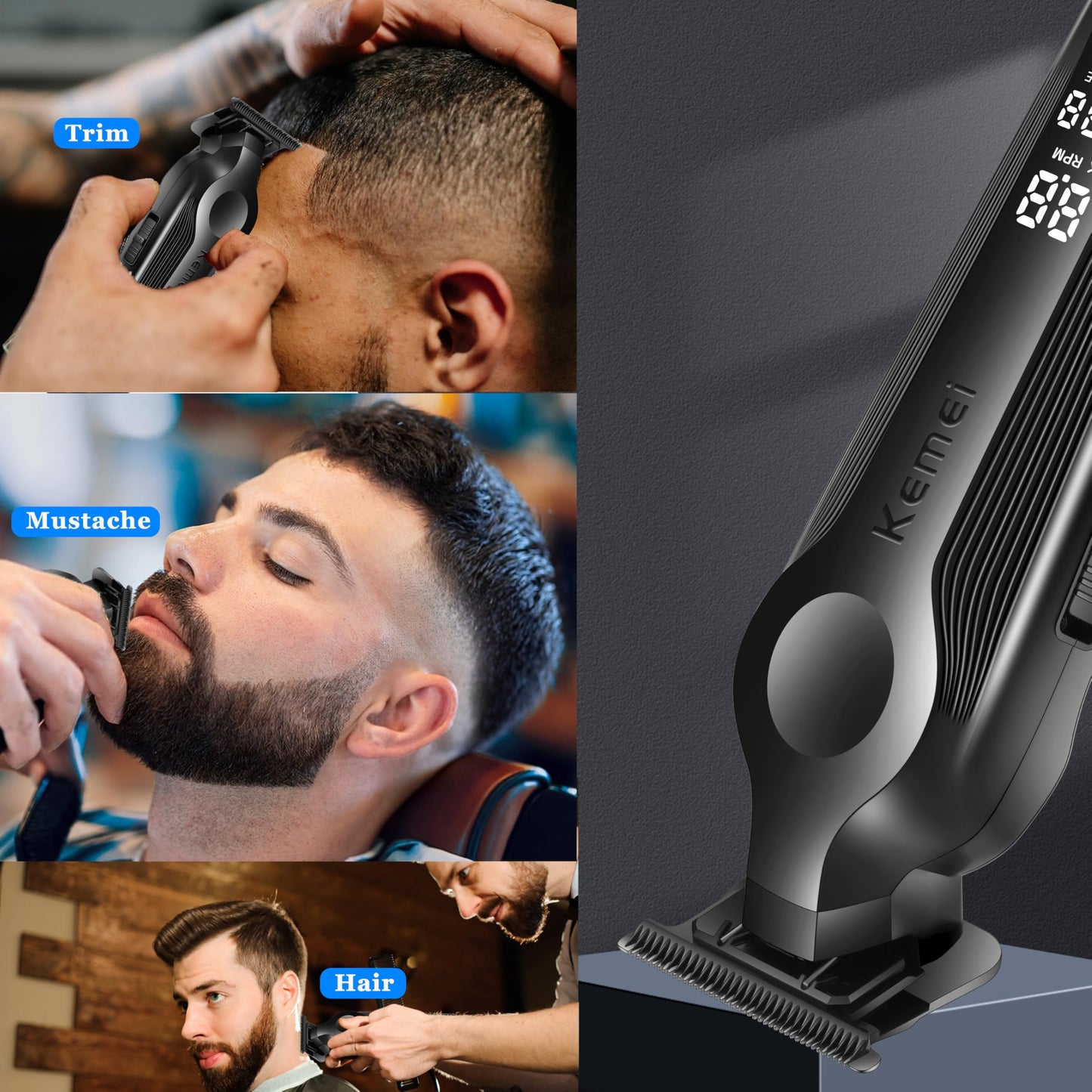 KEMEI Hair Trimmer for Men, Zero Gapped Cordless Hair Clippers Beard Trimmers with T Blade, Rechargeable Barber Clipper with LED Display, Black