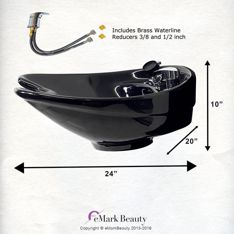 Fully Tilting and Wall-Mounted Ceramic Shampoo Bowl, Black Salon Sink, Beauty Salon Equipment for Hair Stylists - TLC-B07-WT - eMark Beauty