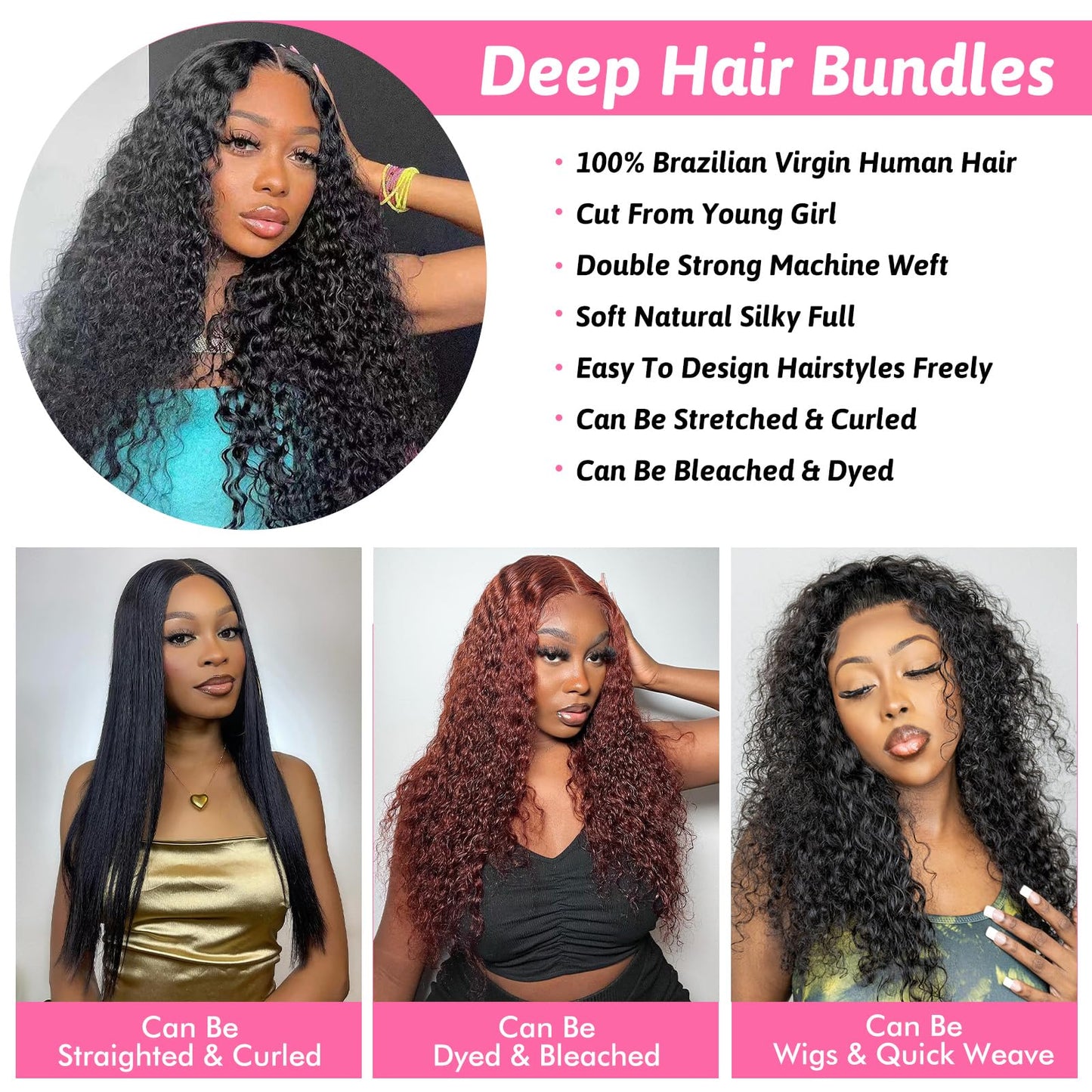 Human Hair Bundles Deep Wave 14 16 18 20 Inch Curly Bundle Human Hair 100% Unprocessed Brazilian Virgin Hair 4 Bundles for Women Wet and Wavy Hair Bundle Weave Extensions Natural Black