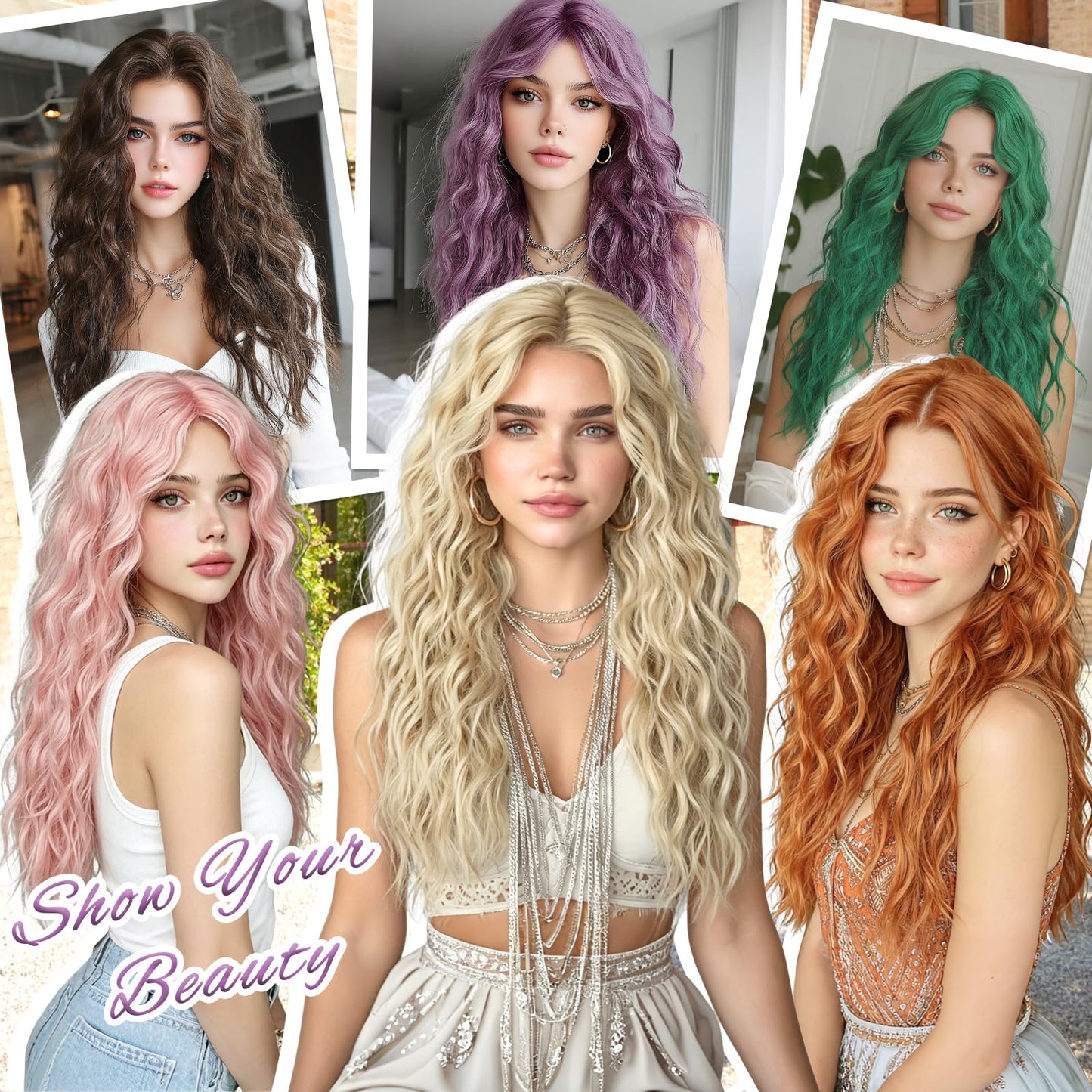 Haloo Pink Wigs with Curtain Bangs - 26 Inch Long Wavy Curly Middle Part Soft Natural Looking Synthetic Hair Wig for Women Daily Party Cosplay Costume Use