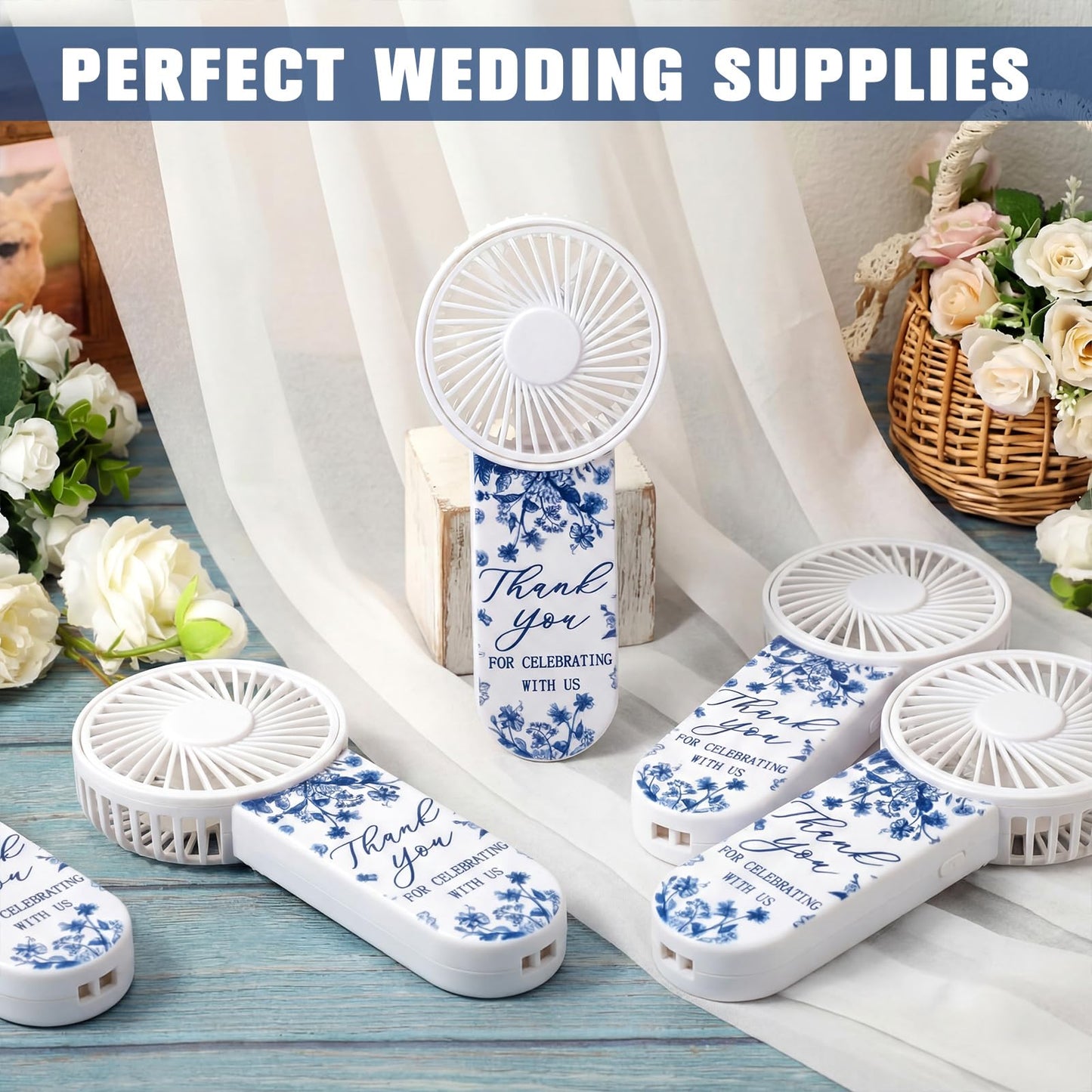 Tujoe 100 Pcs Wedding Handheld Fans for Guests Mini Personal Portable Fans Bulk Thank You for Celebrating with Us Fan for Wedding Bridal Shower Party Favors Summer Travel (Blue and White Porcelain)